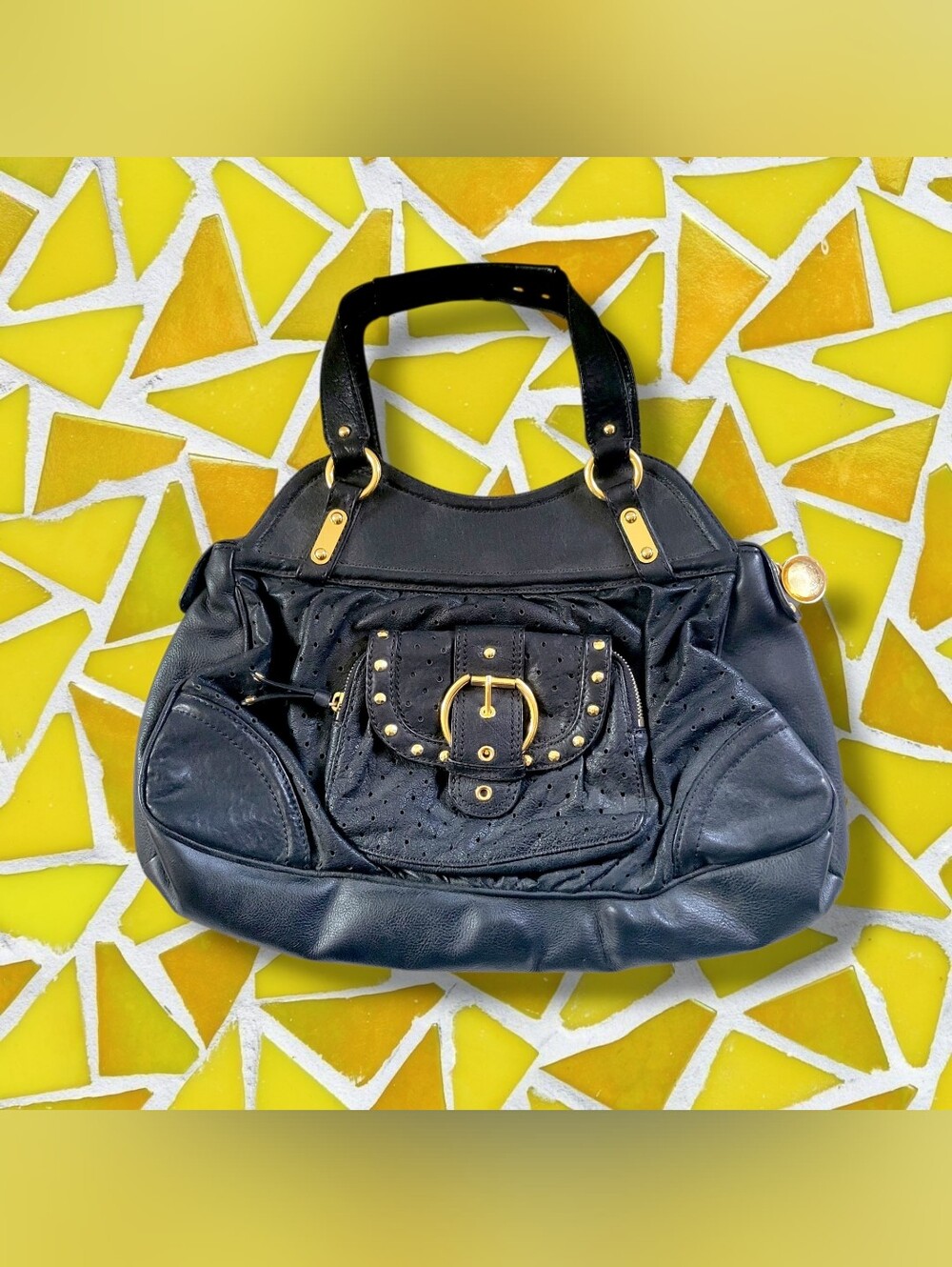 Betsey Johnson | EUC Large Y2K Black Leather Gold Studded Hobo Satchel